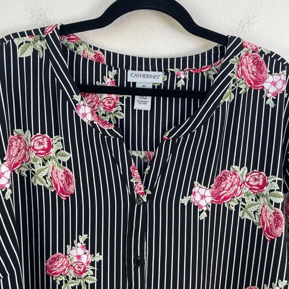 Catherines Womens Plus Size 3X Floral Stripe Tunic Top V Neck Tie Cuff Shirt - Picture 7 of 10